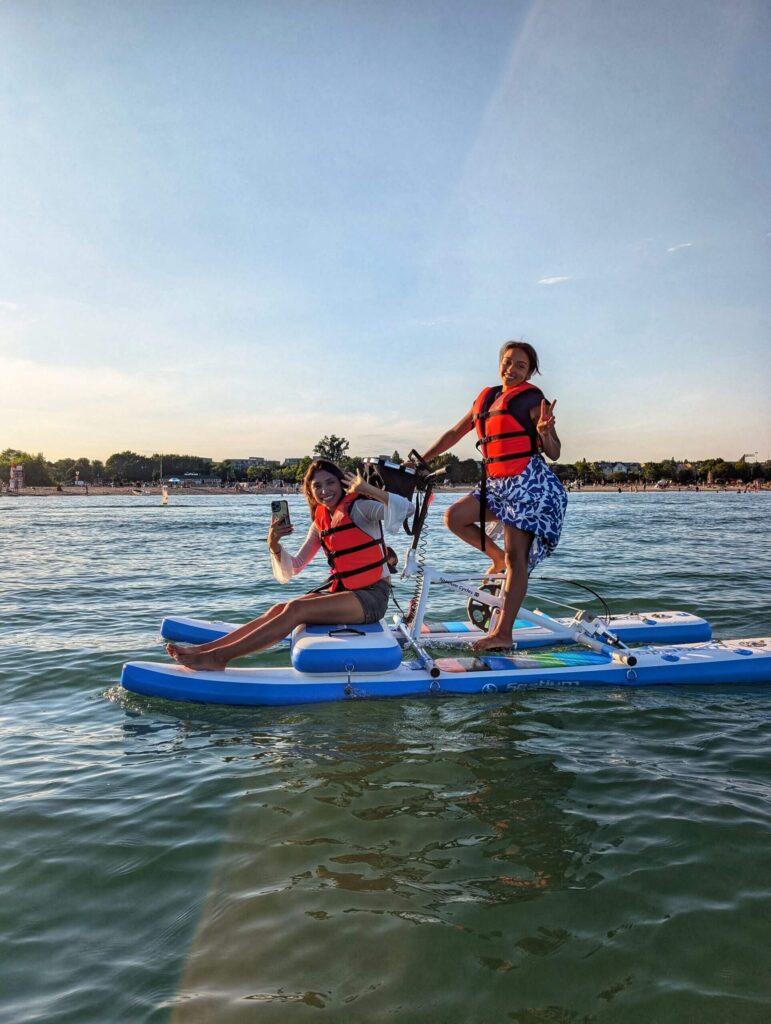 Toronto waterfront water bike service areas with scenic city and lake views